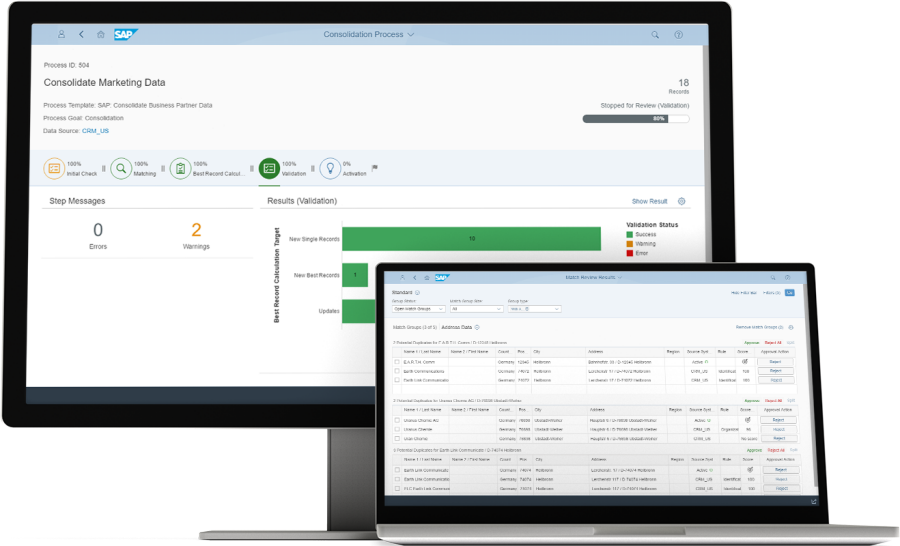 Two screens showing SAP Master Data Governance interface for consolidating marketing data with validation status and record matching results.