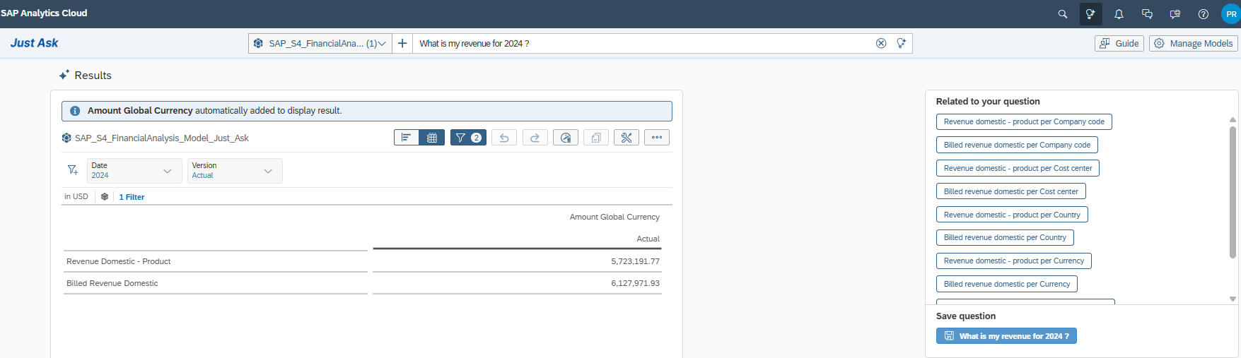 SAP Analytics Cloud - Just Ask feature