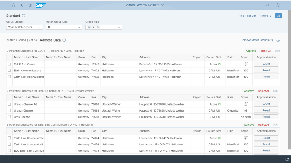 Screenshot of SAP Master Data Governance showing match review results with potential duplicate records listed for approval, rejection, or splitting.