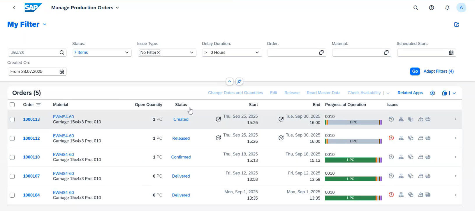 Manage Production Order Report