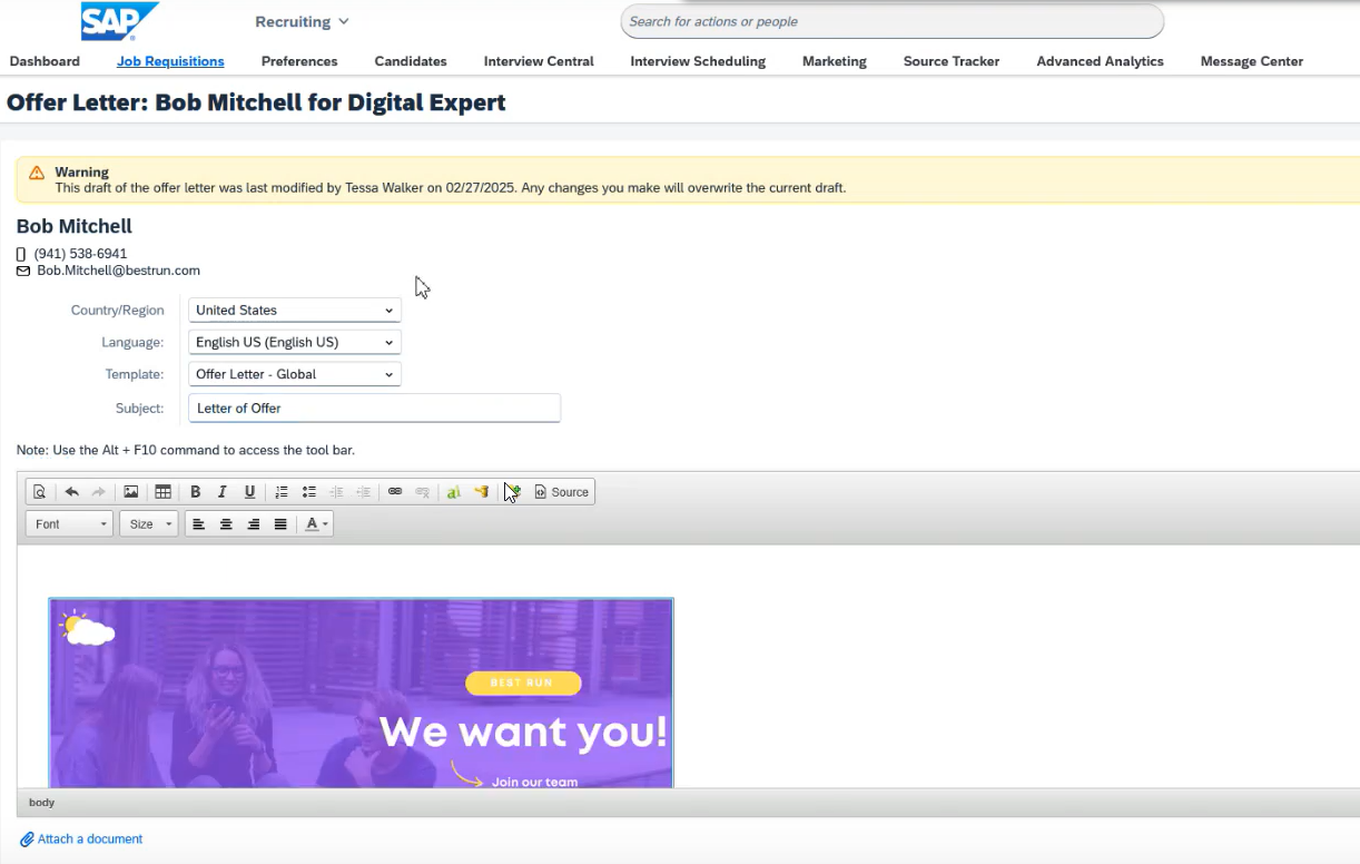 SAP SuccessFactors Recruiting offer letter