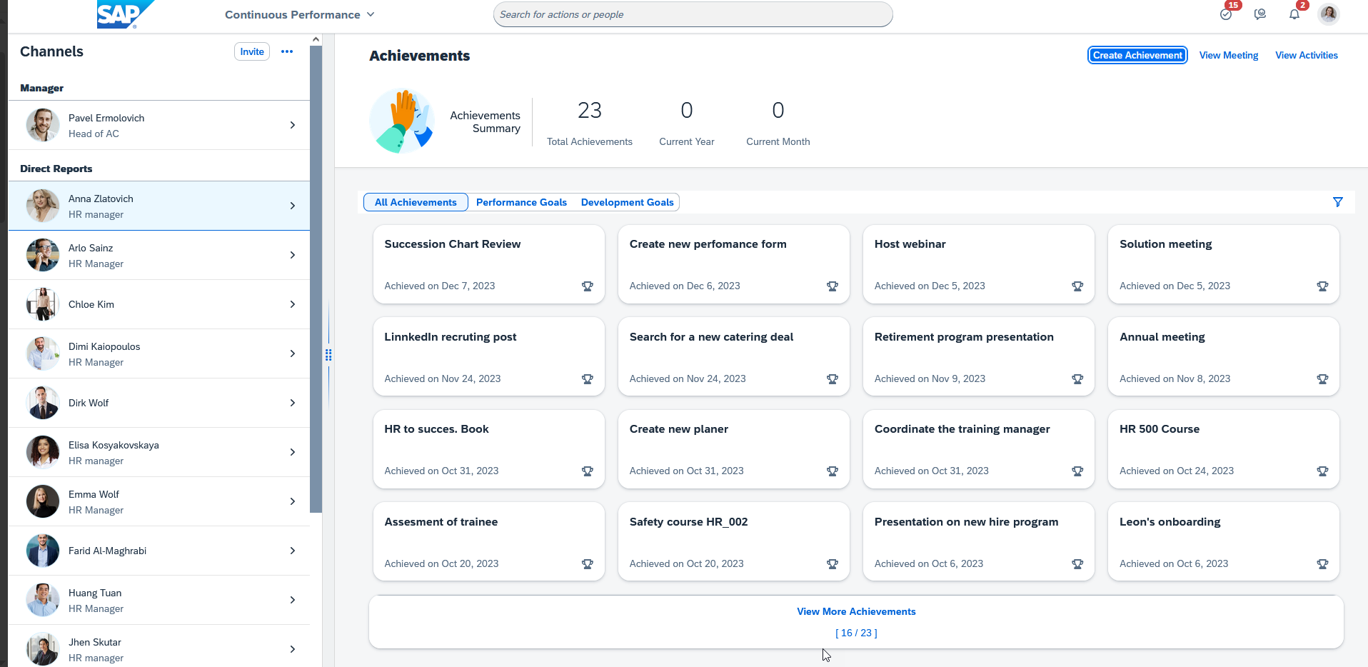Viewing achievements in Performance and Goals 