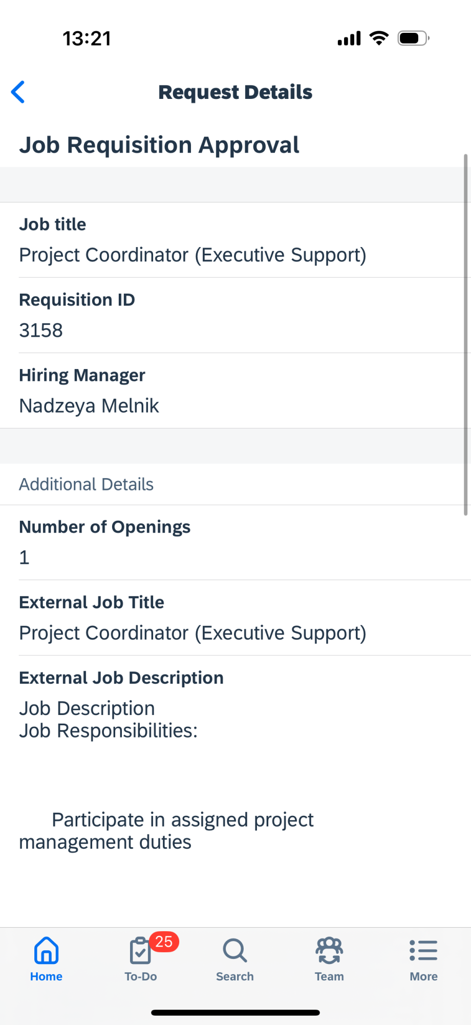 SAP SuccessFactors Recruiting mobile interface - job requisitions approval details