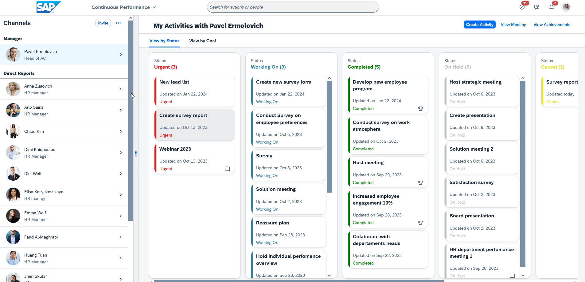Performance and Goals continuous performance - personal activities view