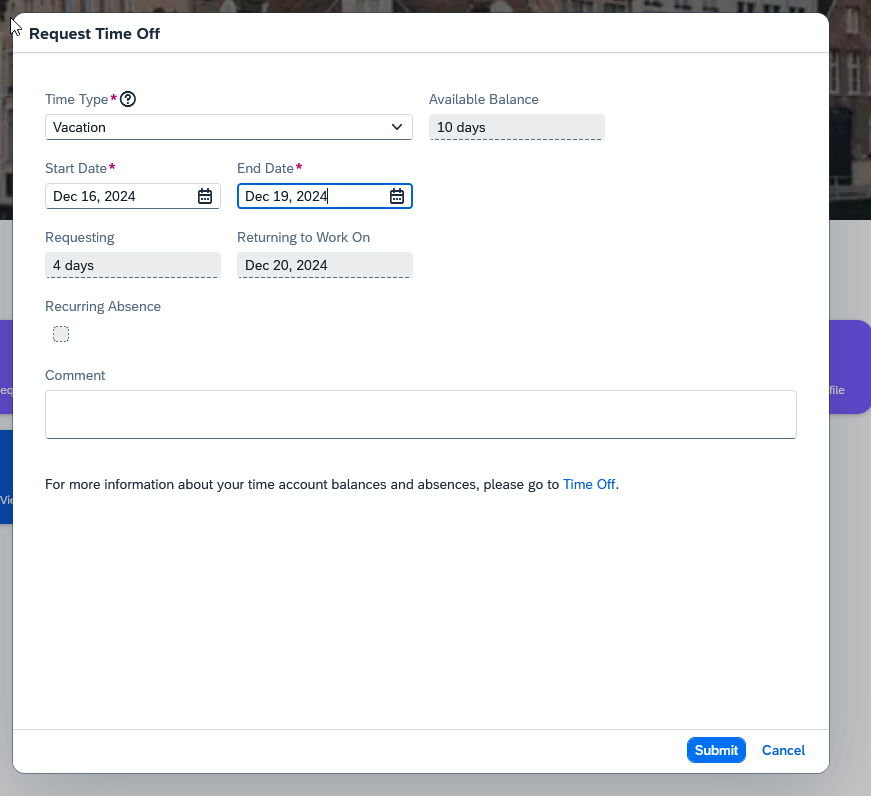 SAP SuccessFactors Employee Central time-off request