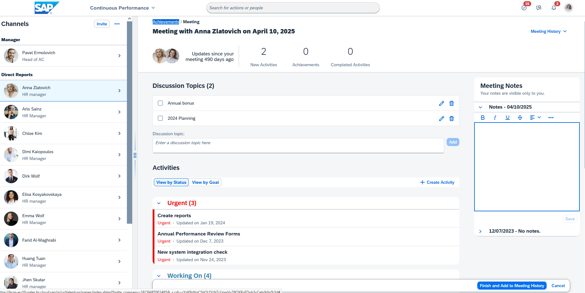 Creating meeting in Performance and Goals 