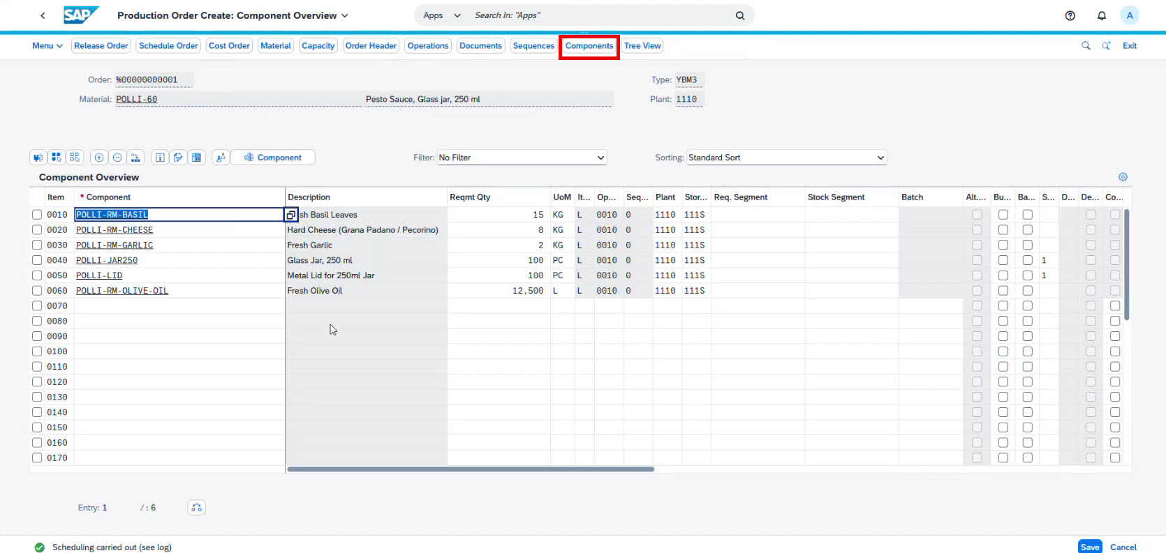 PP order components in SAP SCM