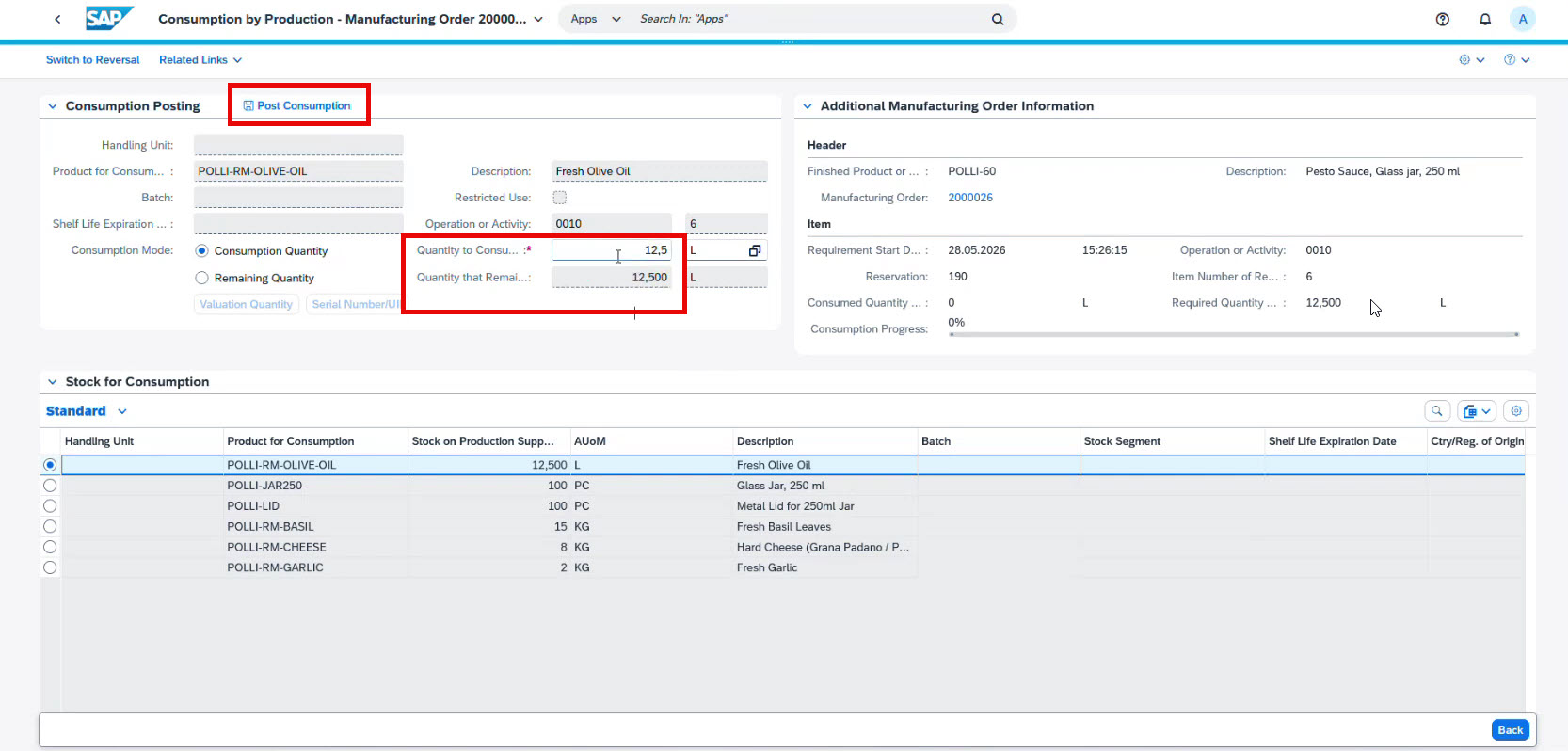 Consumption by production in SAP SCM