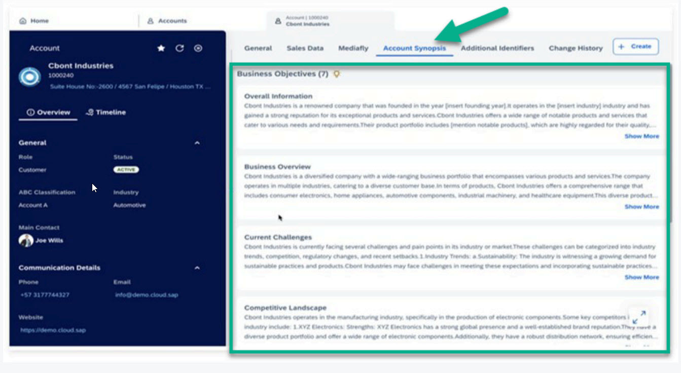 Account synopsis tool in SAP Sales Cloud